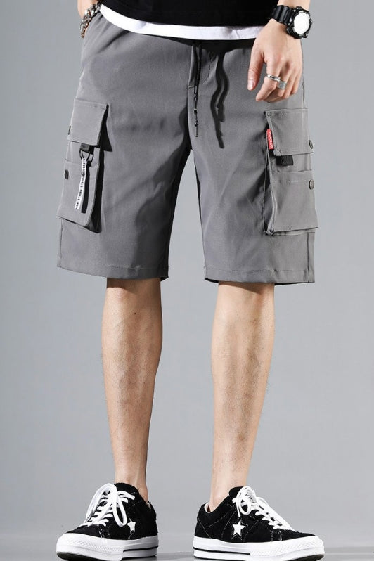 Gray Waistband Mens Cargo Shorts Casual Streetwear Solid Pocket