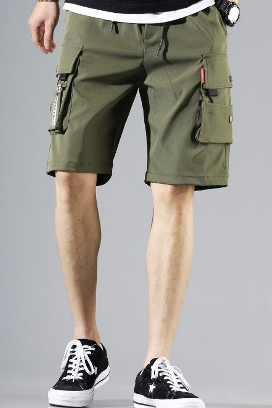 Khaki Green Waistband Mens Cargo Shorts Casual Streetwear Solid Pocket