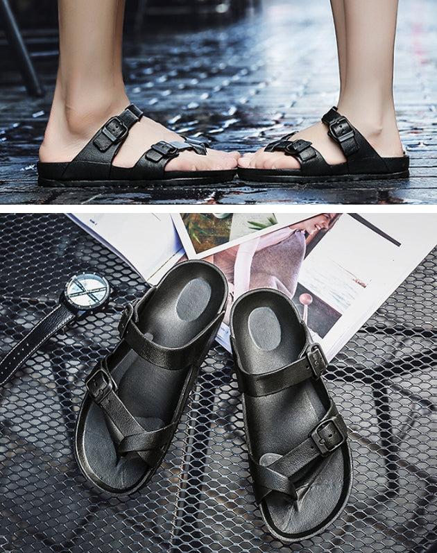 Black Buckled Faux Leather Unisex Sandals Slippers Summer Shoes Street