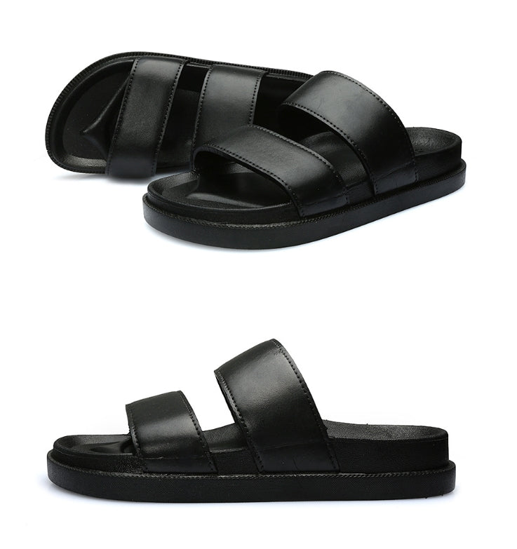Black Faux Leather Unisex Sandals Slippers Summer Shoes Mens Womens