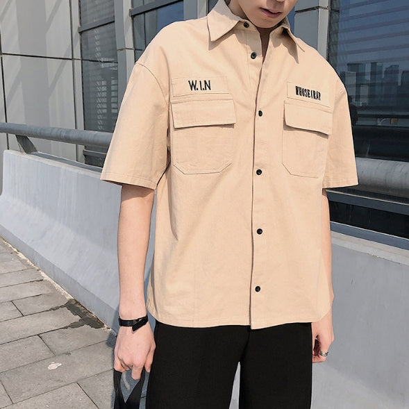 Beige Plain Button Front Casual Shirts Mens Short Sleeved Military Guy