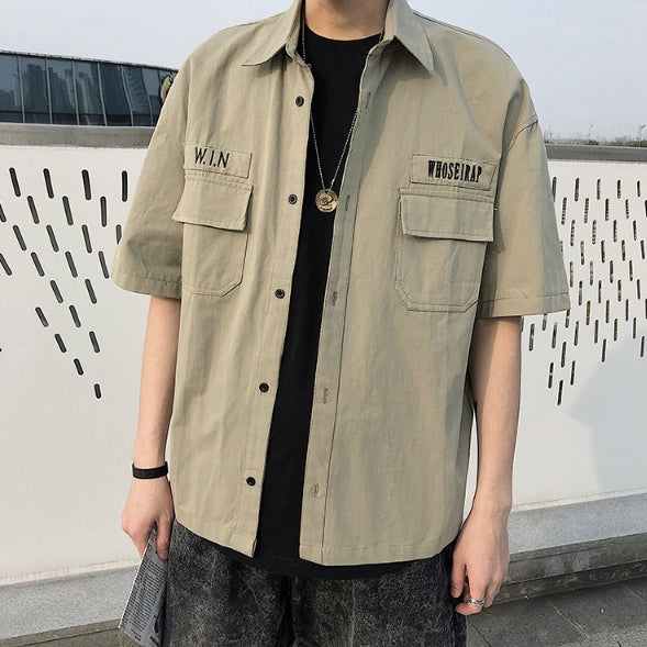 Khaki Plain Button Front Casual Shirts Mens Short Sleeved Military Guy