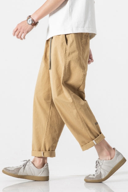 Beige Cotton Waistband Pants Mens Trousers Loose Fit Casual Streetwear