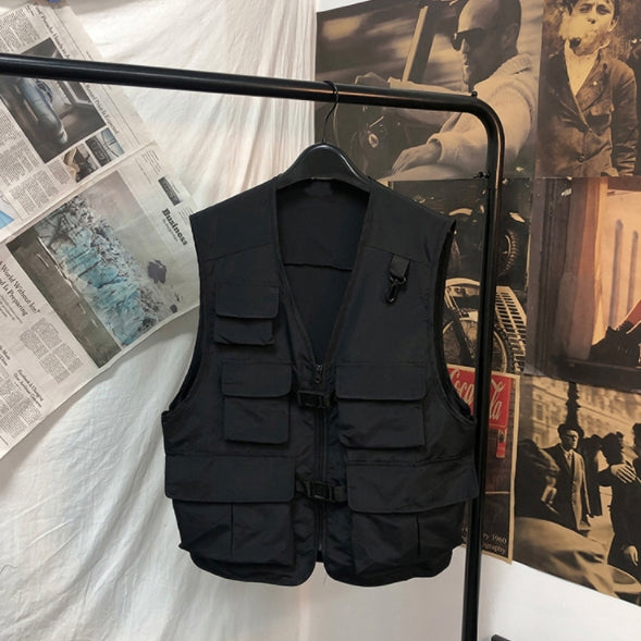 Black Multi Pockets Waistcoats Casual Vests Mens Sleeveless Military