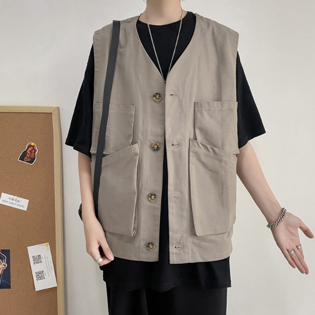 Gray Multi Pockets Waistcoats Casual Vests Mens Sleeveless Military