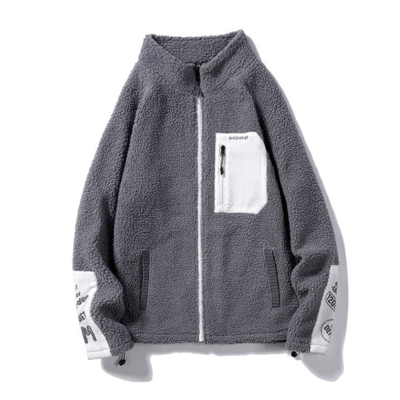 Grey Shearling Mockneck Zipup Jackets For Men Streetwear Winter