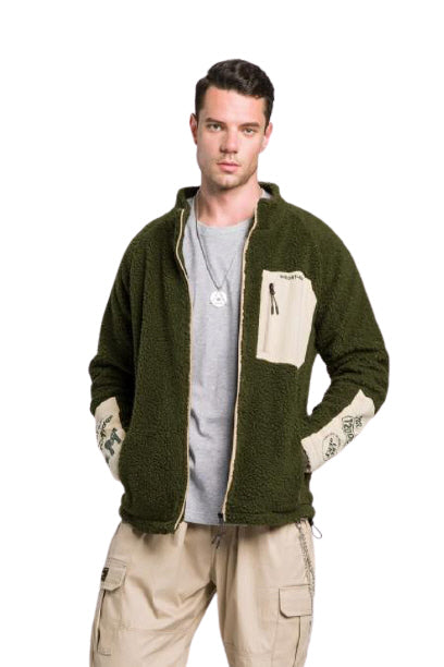 Khaki Green Shearling Mockneck Zipup Jackets For Men Streetwear Winter