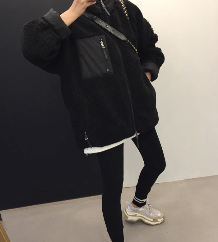 Black White Reversible Cute Shearling Jackets Womens Girls Korean Style Outerwear Winter Fleece Warm Loose Fit