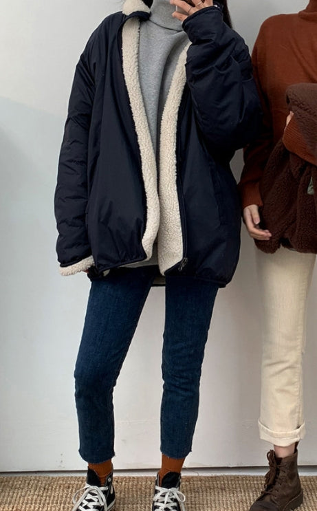 Black White Reversible Cute Shearling Jackets Womens Girls Korean Style Outerwear Winter Fleece Warm Loose Fit
