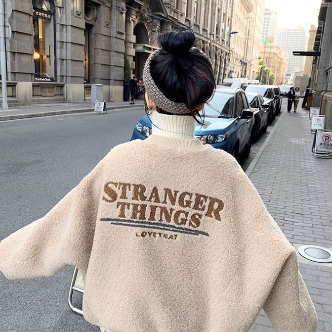 Cute Back Logo Shearling Jackets Womens Girls Korean Style Outerwear Winter Unique Warm Loose Fit Oversized Bomber