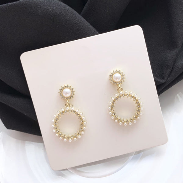 Solar Circular Pearl Earrings Gift Korean Womens Ring jewelry Female