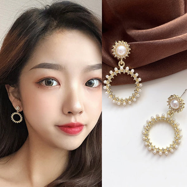Solar Circular Pearl Earrings Gift Korean Womens Ring jewelry Female