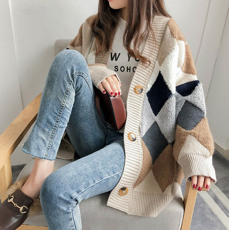 Casual V-neck Argyle Cardigans Womens Girls Korean England K-pop Style Winter Cozy Warm Loose fit Sweaters Tops Knit
