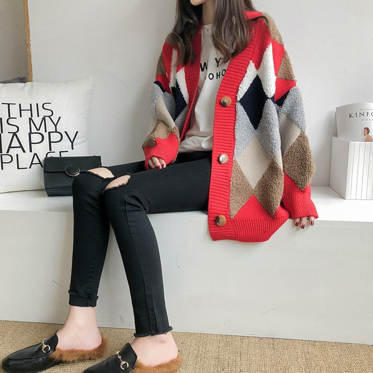 Casual V-neck Argyle Cardigans Womens Girls Korean England K-pop Style Winter Cozy Warm Loose fit Sweaters Tops Knit