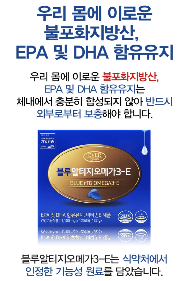 EVERGREEN Blue rTG Omega 3 E 120 Capsules Dry Eyes Health Supplements Vitamin E Blood Circulation Antioxidant
