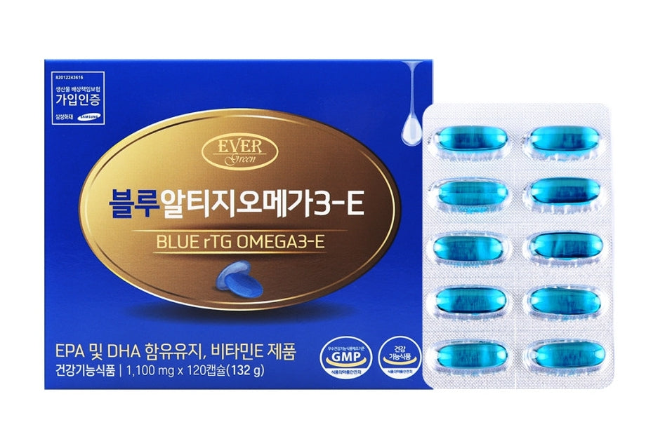 EVERGREEN Blue rTG Omega 3 E 120 Capsules Dry Eyes Health Supplements Vitamin E Blood Circulation Antioxidant