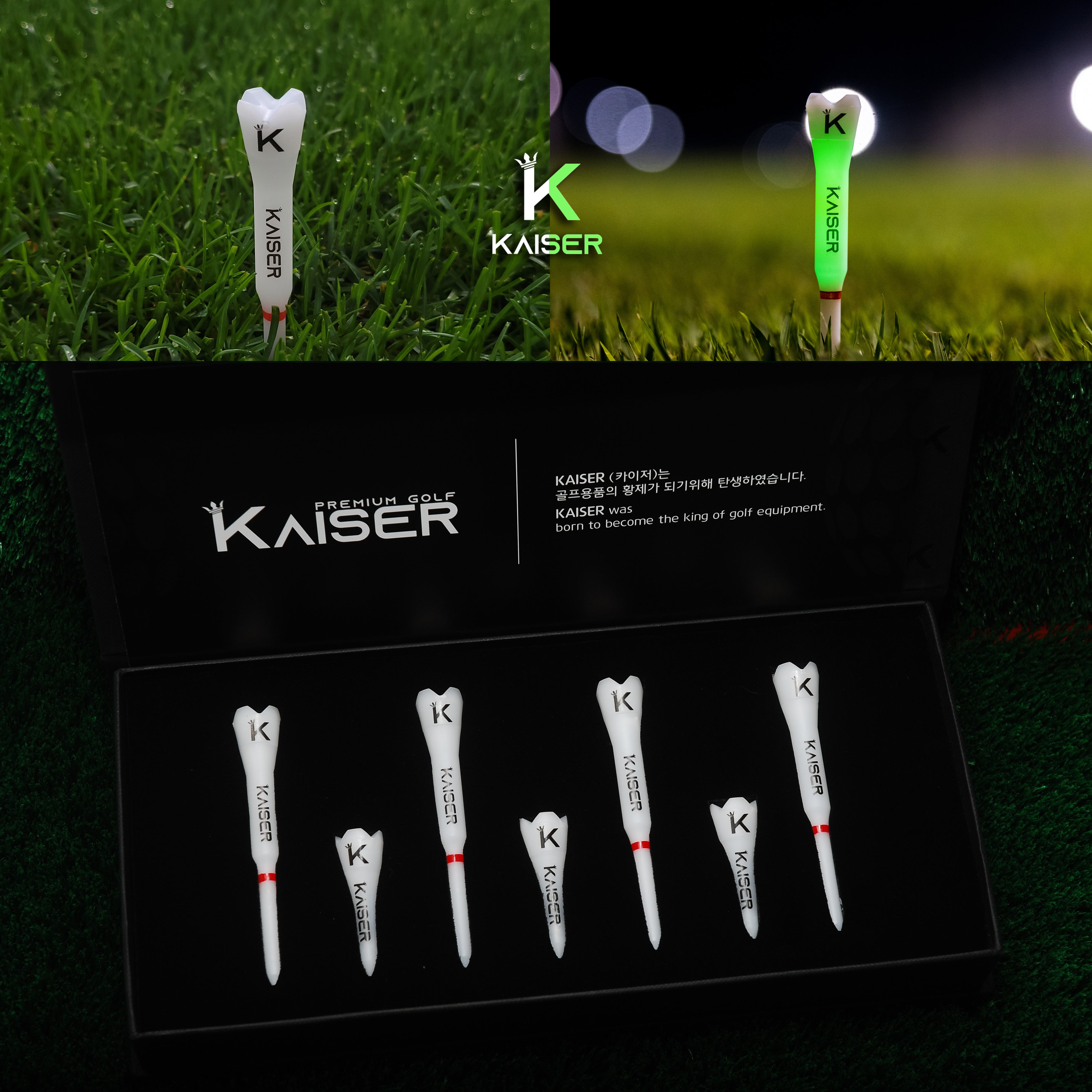 KAISER T4 Golf Tees Day Night Gifts Accessory Sets/ Long 4pcs+Short 3pcs/ distance increase luminous anti-slicing Height fix Holders Glow in Dark Light up Flashing Made in Korea
