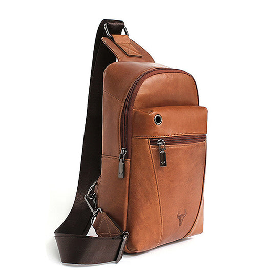 Brown Genuine Cowhide Leather Sling Bags Messengers Travel Backpacks