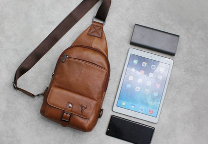 Brown Genuine Cowhide Leather Sling Bags Messengers Travel Backpacks