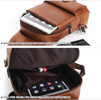 Brown Genuine Cowhide Leather Sling Bags Messengers Travel Backpacks