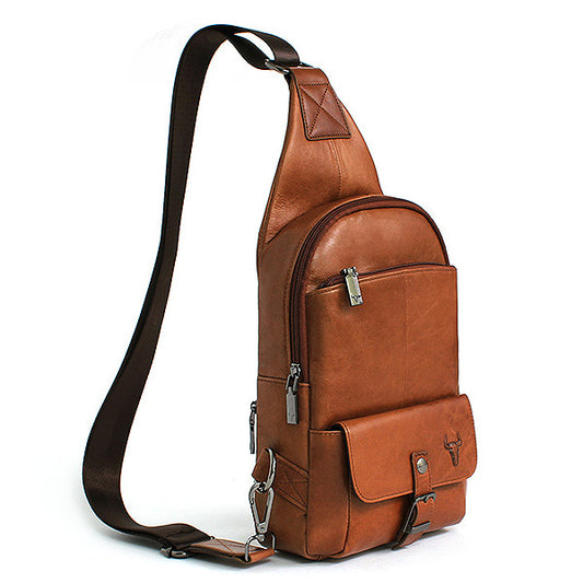 Brown Genuine Cowhide Leather Sling Bags Messengers Travel Backpacks