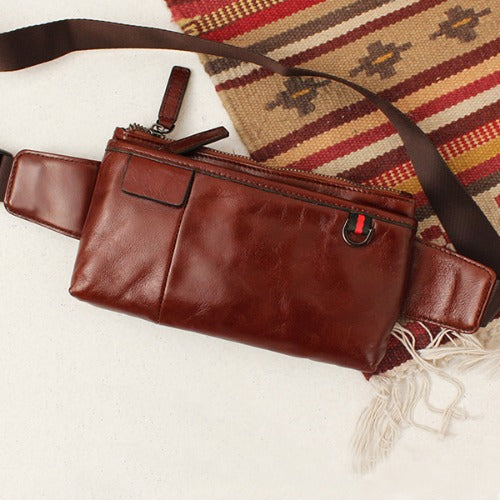 Brown Genuine Cowhide Leather Sling Bags Messengers Travel Backpacks