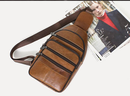Brown Genuine Cowhide Leather Sling Bags Messengers Travel Backpacks