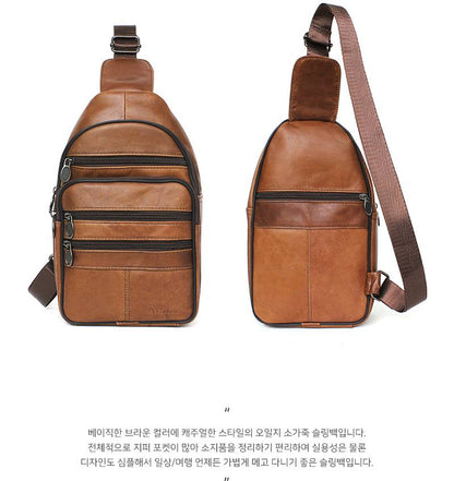 Brown Genuine Cowhide Leather Sling Bags Messengers Travel Backpacks