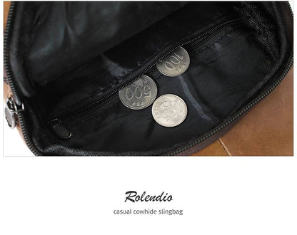 Brown Genuine Cowhide Leather Sling Bags Messengers Travel Backpacks