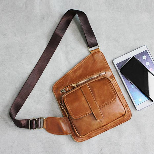 Brown Genuine Cowhide Leather Sling Bags Messengers Travel Backpacks