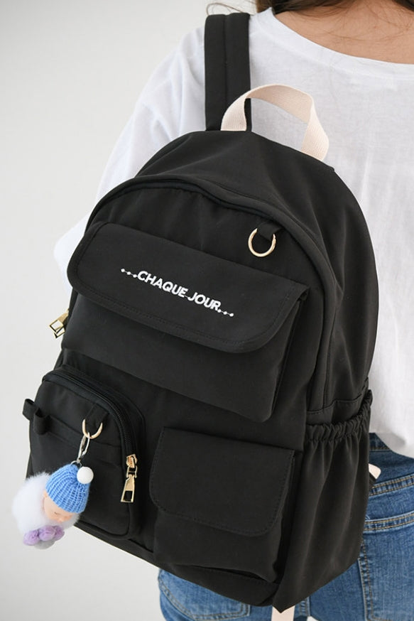 Black Cotton Casual Backpacks Womens Girls School Bookbag Keychain New