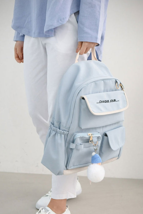 Blue Cotton Casual Backpacks Womens Girls School Bookbag Keychain New