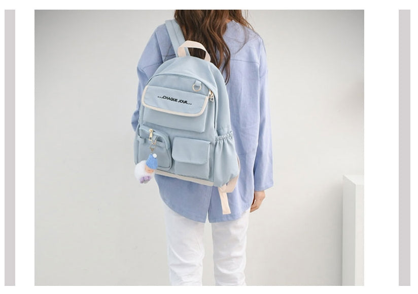Blue Cotton Casual Backpacks Womens Girls School Bookbag Keychain New