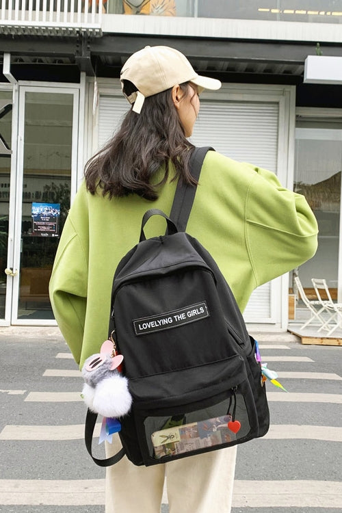 Black Cotton Casual Backpacks Lovely Girls School Bookbag Mesh Poacket