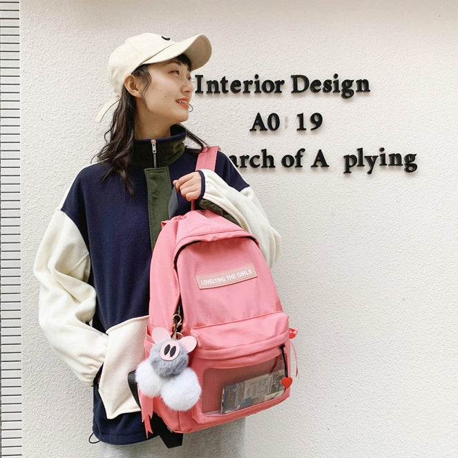 Pink Cotton Casual Backpacks Lovely Girls School Bookbag Mesh Poacket