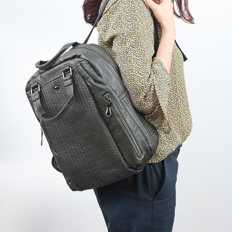 Khaki Faux Leather Casual Backpacks Career Women Girls School Bookbags