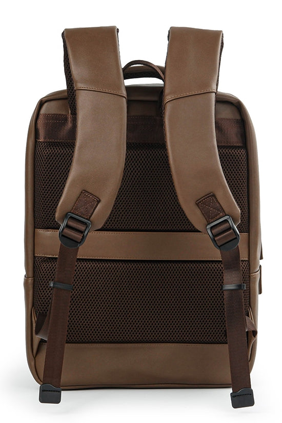 Brown Faux Leather Backpack Square Travel Luggage Trolley Strap Laptop