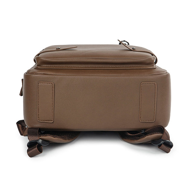 Brown Faux Leather Backpack Square Travel Luggage Trolley Strap