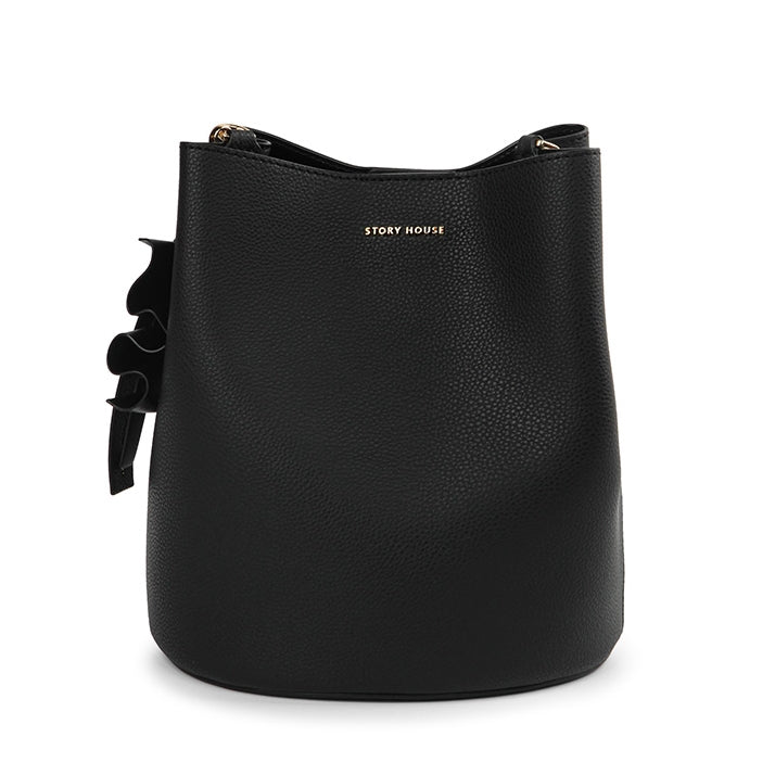 Black Ruffled Bucket Handbags Womens Faux Leather Crossbody Shoulder