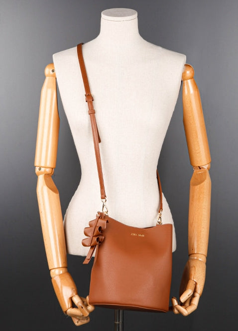 Camel Tan Brown Ruffled Bucket Handbags Womens Faux Leather Shoulder