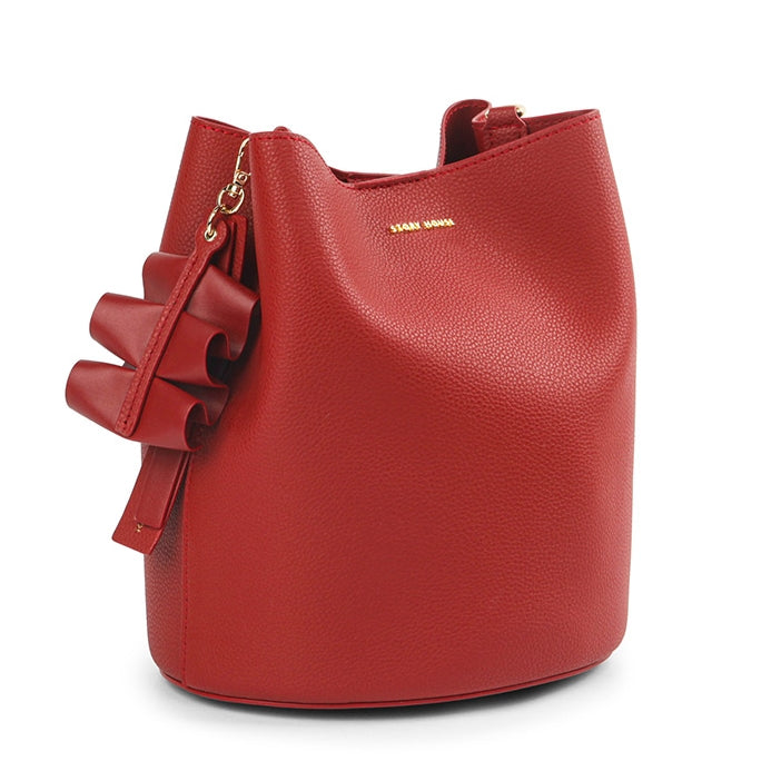 Red Ruffled Bucket Handbags Womens Faux Leather Crossbody Shoulder