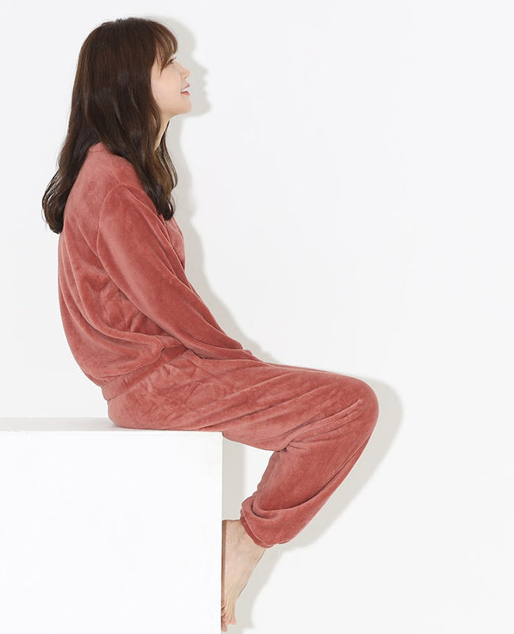 Casual Microfiber Night Homewear Pajamas Cute Shearling Tops Pants SET Womens Korean K-pop Style Winter Fleece Warm Soft Suits Loose