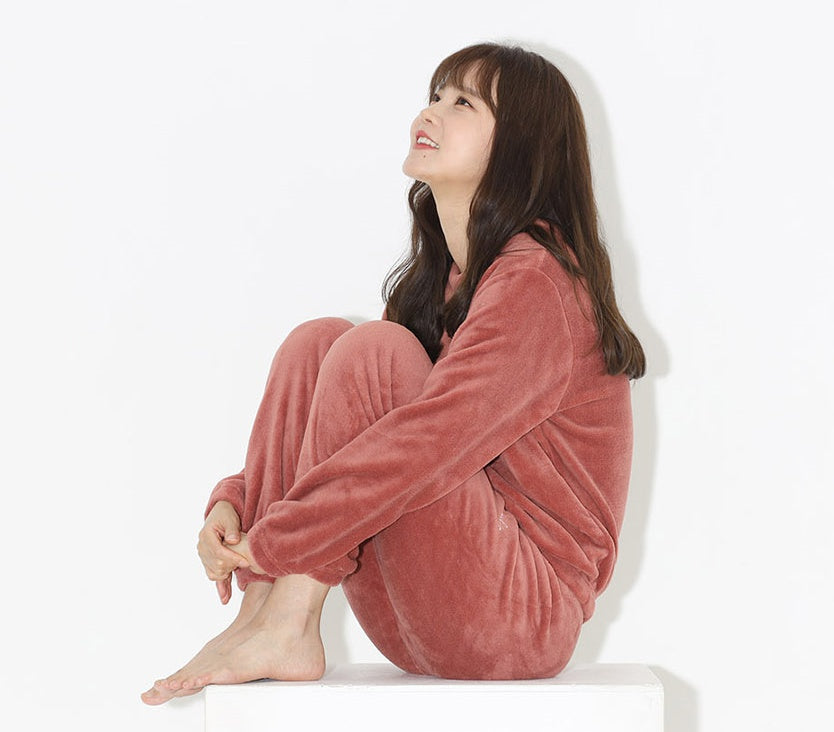 Casual Microfiber Night Homewear Pajamas Cute Shearling Tops Pants SET Womens Korean K-pop Style Winter Fleece Warm Soft Suits Loose
