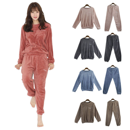 Casual Microfiber Night Homewear Pajamas Cute Shearling Tops Pants SET Womens Korean K-pop Style Winter Fleece Warm Soft Suits Loose