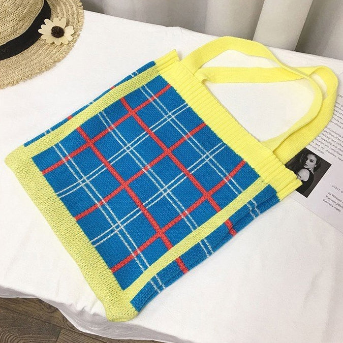Yellow Checkered Plaids Shoulder Handbags Sweaters Knitted Purses Casual