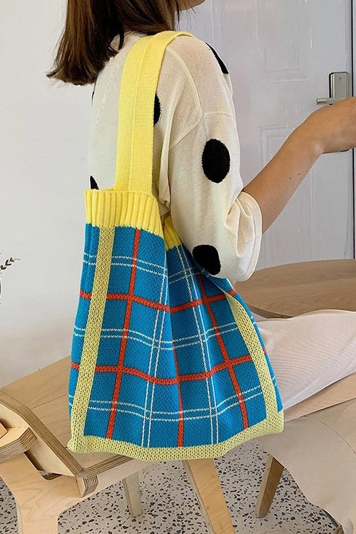 Yellow Checkered Plaids Shoulder Handbags Sweaters Knitted Purses Casual