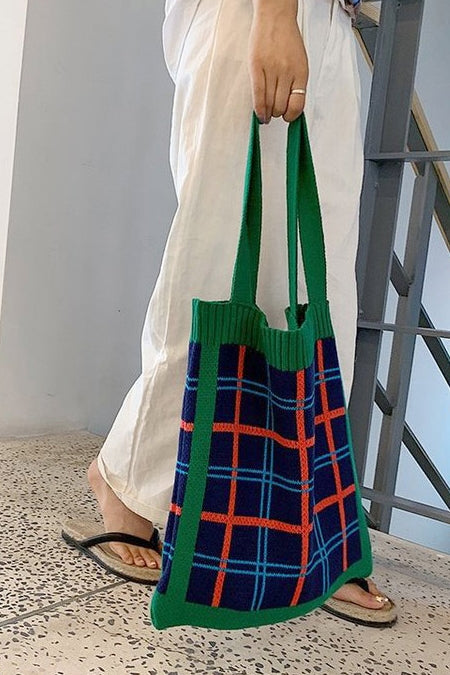 Green Checkered Plaids Shoulder Handbags Sweaters Knitted Purses