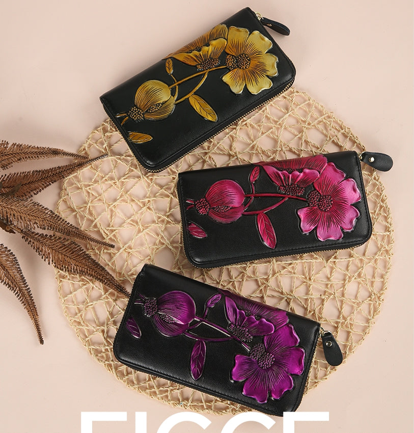 Elegant Floral Faux Leather Long Wallets Purses Zipper Closure Stylish Synthetic Flower