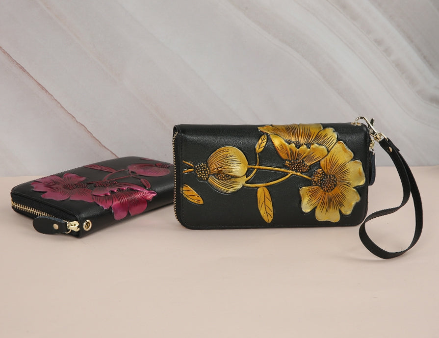Elegant Floral Faux Leather Long Wallets Purses Zipper Closure Stylish Synthetic Flower