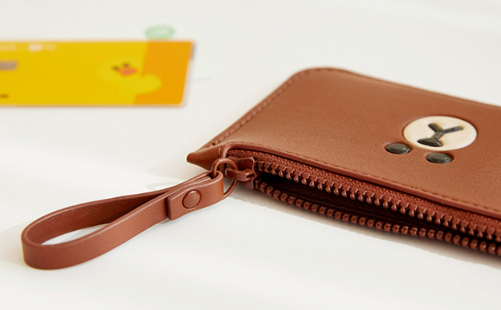 Line Friends Brown Leather Like Card Wallets Zipper Strap Characters Couple Goods Cute Students Accessories Coin Credit Holder